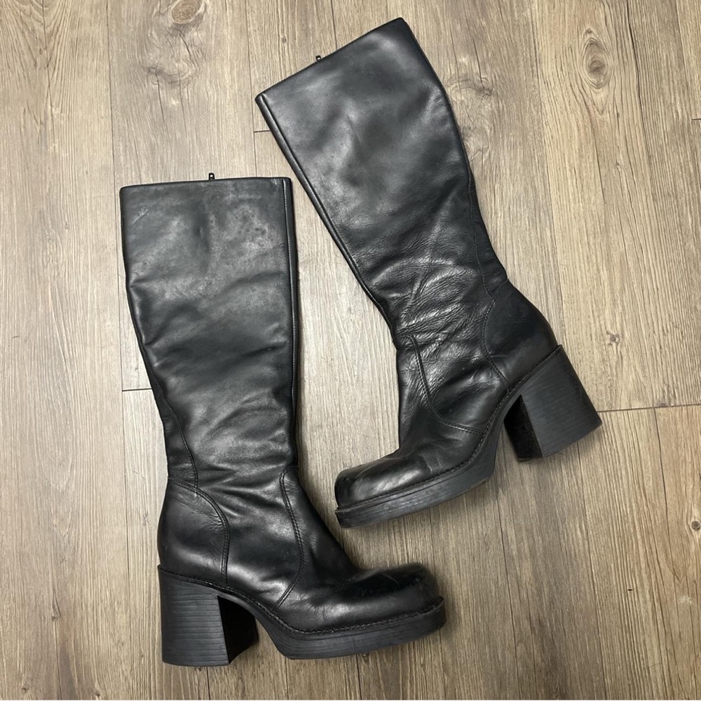 Vintage Chunky Black Leather Platform Knee High Boots
